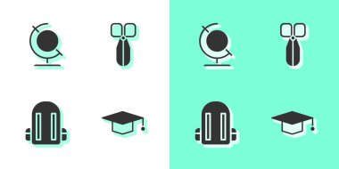 Mezuniyet şapkası, Dünya küresi, okul çantası ve makas simgesi. Vektör.