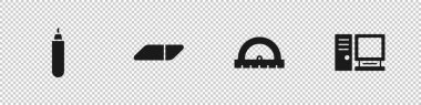 İşaretleyici kalem, silgi veya kauçuk, açıölçer ve bilgisayar monitörü simgesini ayarla. Vektör.