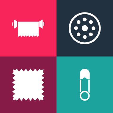 Pop sanat güvenlik iğnesi, deri, dikiş düğmesi ve tekstil kumaş rulo simgesini ayarlayın. Vektör.