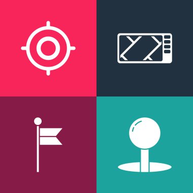 Pop art Push pimini, konum işaretleyicisini, harita ve hedef spor simgesi ile GPS cihazını ayarla. Vektör.