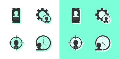 Zaman Yönetimini ayarla, cep telefonu ve özgeçmişi, kafa avcılığı ve simgesi. Vektör.