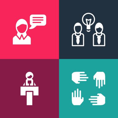 Pop Art Project takım tabanı, sahne standı ya da tribün, ampul ve konuşma balonu sohbet ikonu olan insanları ayarla. Vektör.