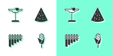 Mısır, Margarita kokteyli, Pan flütü ve Nachos ikonu. Vektör.