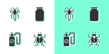 Böcek, Örümcek, Basınç spreyi ve Cam kavanoz ikonunu ayarla. Vektör.