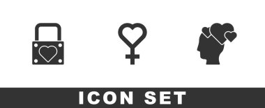 Kilit ve kalbi ayarla, cinsiyet sembolü ve ikonlu kafa. Vektör.