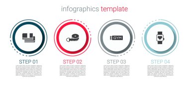 Havlu destesini, mezurayı, spor salonunu ve akıllı saati ayarla. Ticari bilgi şablonu. Vektör.