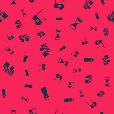 Fitness makinesini, sabit bisikleti, havlu yığınını ve eski kum saatini pürüzsüz desene ayarla. Vektör.