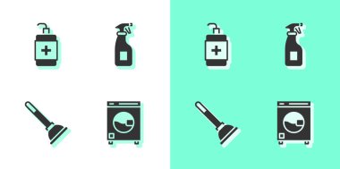 Çamaşır makinesi, el dezenfektanı şişesi, lastik pompa ve temizlik spreyi ikonu. Vektör.