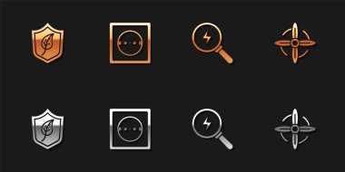 Kalkanı yaprak, elektrik prizi, yıldırım ve rüzgar türbini ikonu ile ayarla. Vektör.