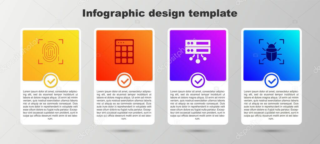 Set Fingerprint, Password protection, Server, Data, Web Hosting and System bug. Business infographic template. Vector.