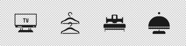 Akıllı TV 'yi, elbise dolabını, yatak odasını ve tepsi simgesiyle kaplayın. Vektör.