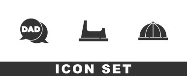 Konuşma balonu baba, bebek lazımlığı ve şapka ikonunu hazırla. Vektör.