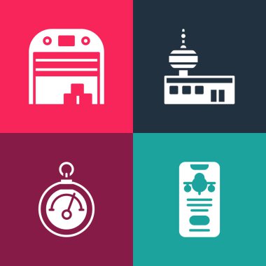 Pop Art Mobile 'i bilet, Barometre, havalimanı kontrol kulesi ve uçak hangar ikonu ile ayarla. Vektör.