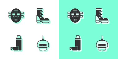 Kayak asansörünü, hokey maskesini, termos kabını ve su geçirmez lastik bot ikonunu ayarla. Vektör.