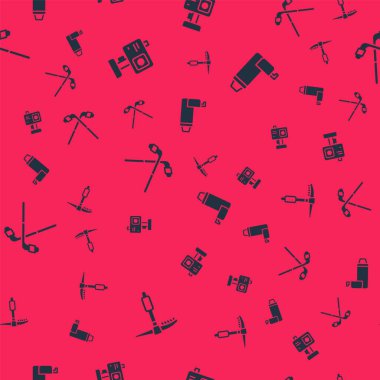 Buz baltası, aksiyon kamerası, hokey sopası ve termos kabını kusursuz desene ayarlayın. Vektör.