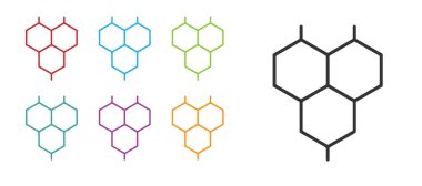 Siyah Kimyasal Formül simgesi beyaz arkaplanda izole edildi. Yenilikçi tıp, sağlık, araştırma ve bilim için soyut altıgen. Simgeleri renklendirin. Vektör.