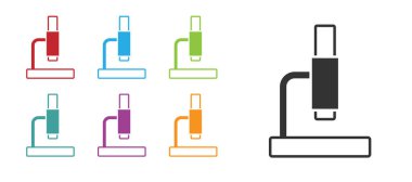 Beyaz arkaplanda siyah mikroskop simgesi izole edildi. Kimya, ilaç aleti, mikrobiyoloji büyütme aracı. Simgeleri renklendirin. Vektör.