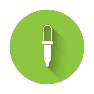 Beyaz Pipette simgesi uzun gölgeli izole edilmiş. Tıbbi elementler, kimya laboratuarı ekipmanları. Tıp sembolü. Yeşil daire düğmesi. Vektör.