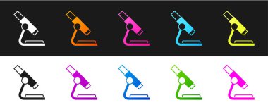 Mikroskop simgesini siyah beyaz arkaplanda izole et. Kimya, ilaç aleti, mikrobiyoloji büyütme aracı. Vektör.