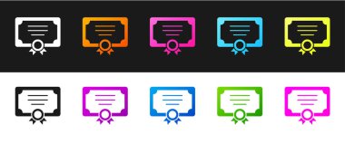 Sertifika şablon simgesini siyah ve beyaz arkaplanda izole et. Başarı, ödül, diploma, burs, diploma kavramları. Vektör.