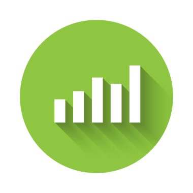 Beyaz Grafik, çizelge, grafik, diyagram, bilgi grafiği, uzun gölgeli turta grafik simgesi. Yeşil daire düğmesi. Vektör.