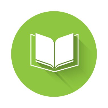 Beyaz Açık Kitap simgesi uzun gölgeyle izole edildi. Yeşil daire düğmesi. Vektör.