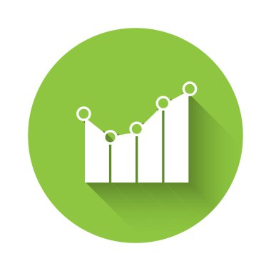 Beyaz Grafik, çizelge, grafik, diyagram, bilgi grafiği, uzun gölgeli turta grafik simgesi. Yeşil daire düğmesi. Vektör.
