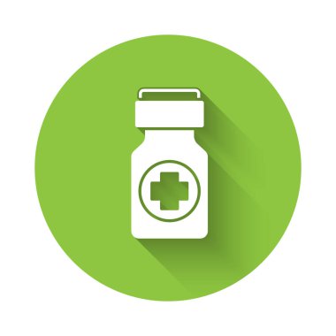 Beyaz ilaç şişesi ve uzun gölgeli ilaç ikonu. Şişe hapı işareti. Eczane tasarımı. Yeşil daire düğmesi. Vektör.