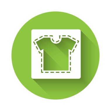 Beyaz dikiş ikonu uzun gölgeli izole edilmiş. Dikiş için işaretler. Yeşil daire düğmesi. Vektör.