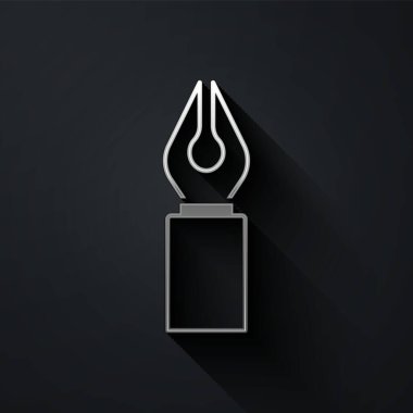 Silver Fountain pen nib icon isolated on black background. Pen tool sign. Long shadow style. Vector. clipart