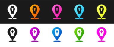 Tabut ve Hıristiyan haç simgesini siyah ve beyaz arka planda izole et. Mutlu Cadılar Bayramı Partisi. Vektör.