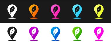 Siyah ve beyaz arkaplanda yaprak simgesine sahip konumu belirle. Çevre enerjisi kavramı. Alternatif enerji kavramı. Vektör.