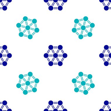 Mavi Molekül simgesi beyaz arkaplanda kusursuz desen izole etti. Kimya moleküllerinin yapısı, fen öğretmenlerinin yenilikçi eğitim posteri. Vektör.