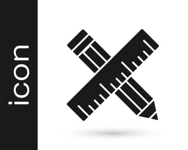 Siyah Haçlı cetvel ve beyaz arkaplanda izole edilmiş kalem simgesi. Düz sembol. Çizim ve eğitim araçları. Vektör.