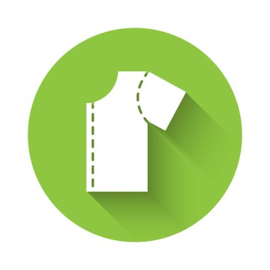 Beyaz dikiş ikonu uzun gölgeli izole edilmiş. Dikiş için işaretler. Yeşil daire düğmesi. Vektör.