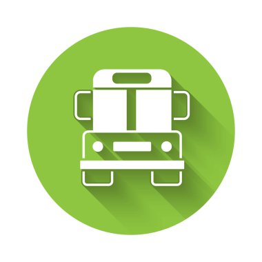 Beyaz Okul Otobüsü simgesi uzun gölgeli izole edilmiş. Toplu taşıma sembolü. Yeşil daire düğmesi. Vektör.