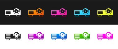 Sunum, film, film, medya projektör simgesi siyah ve beyaz arkaplanda izole edildi. Vektör.