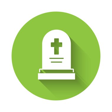 Mezar taşı ikonuna sahip beyaz mezar uzun gölgeli. Yeşil daire düğmesi. Vektör.