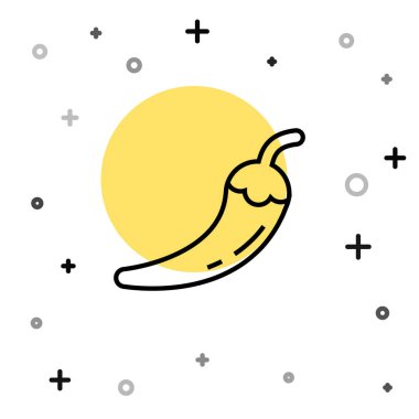 Siyah çizgi Hot chili biber kabuğu simgesi beyaz arkaplanda izole edildi. Market, mutfak ürünleri, baharat ve baharat paketi, yemek kitabı için tasarım. Rastgele dinamik şekiller. Vektör.