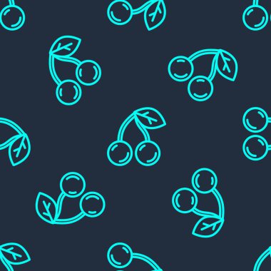 Yeşil çizgi kiraz ikonu mavi arkaplanda kusursuz desen izole etti. Yaprak sembollü meyve. Vektör.