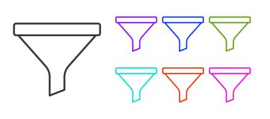 Beyaz arkaplanda siyah çizgi hunisi veya filtre simgesi izole edildi. Simgeleri renklendirin. Vektör.