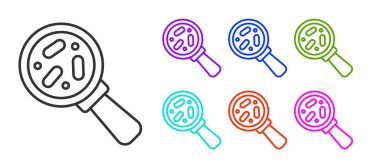 Büyüteç simgesi altındaki siyah çizgi mikroorganizmalar beyaz arkaplanda izole edilmiş. Bakteri ve mikroplar, hücre kanseri, mikrop, virüs, mantar. Simgeleri renklendirin. Vektör.