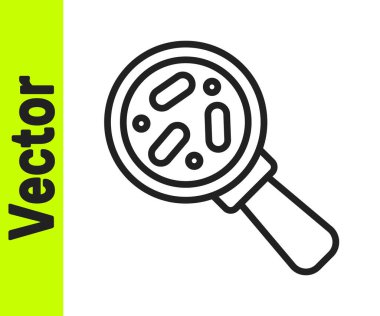 Büyüteç simgesi altındaki siyah çizgi mikroorganizmalar beyaz arkaplanda izole edilmiş. Bakteri ve mikroplar, hücre kanseri, mikrop, virüs, mantar. Vektör.