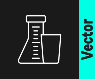 Beyaz çizgi test tüpü ve siyah arkaplanda izole edilmiş kimyasal test ikonu. Laboratuvar cam levhası. Vektör.