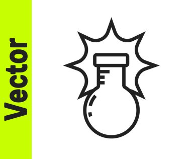 Siyah çizgi kimyasal deneyi, beyaz arka planda izole edilmiş şişe ikonundaki patlama. Test tüpünde kimyasal patlama. Vektör.