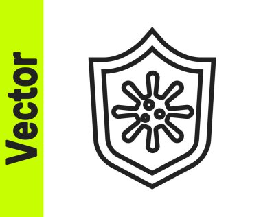 Beyaz arka planda siyah çizgi kalkanı virüslerden, mikroplardan ve bakteri ikonlarından korunuyor. Bağışıklık sistemi konsepti. Corona virüsü 2019-nCoV. Vektör.