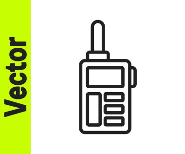 Beyaz arkaplanda siyah çizgi telsiz ikonu izole edildi. Taşınabilir radyo vericisi simgesi. Radyo alıcı-vericisi işareti. Vektör.