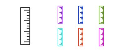 Siyah çizgi cetvel simgesi beyaz arkaplanda izole edildi. Düz sembol. Simgeleri renklendirin. Vektör.