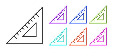 Siyah çizgi üçgen cetvel simgesi beyaz arkaplanda izole edildi. Düz sembol. Geometrik sembol. Simgeleri renklendirin. Vektör.