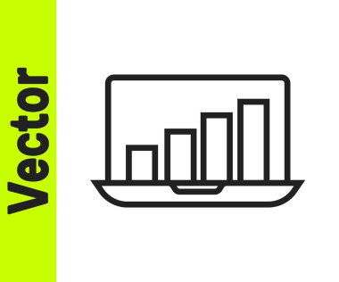 Grafik çizelgesi simgesi beyaz arkaplanda izole edilmiş siyah çizgi dizüstü bilgisayarı. Metin dosya simgesini rapor et. Muhasebe tabelası. Denetim, analiz, planlama. Vektör.